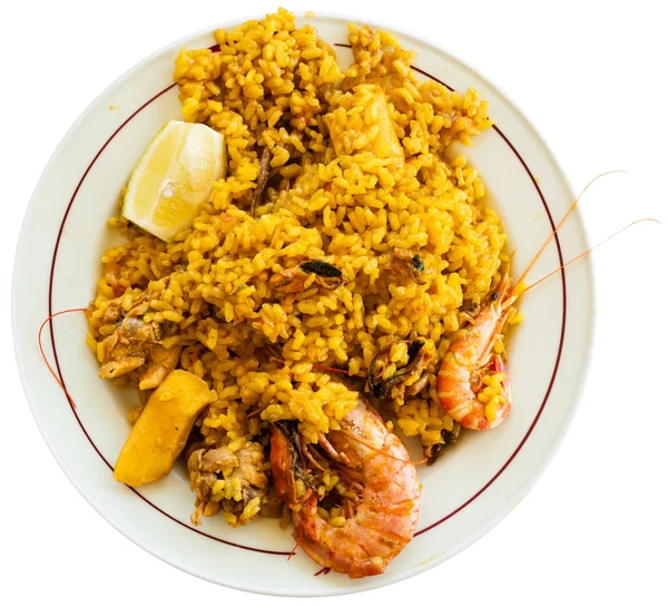 Fresh Cooked Seafood Paella Garnished Large King Prawns Gastro Tourism — Stock Photo, Image