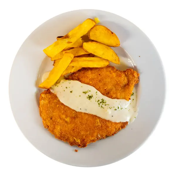 Delicate Chicken Escalope Roquefort Sauce Served Crispy French Fries Isolated — Stock Photo, Image