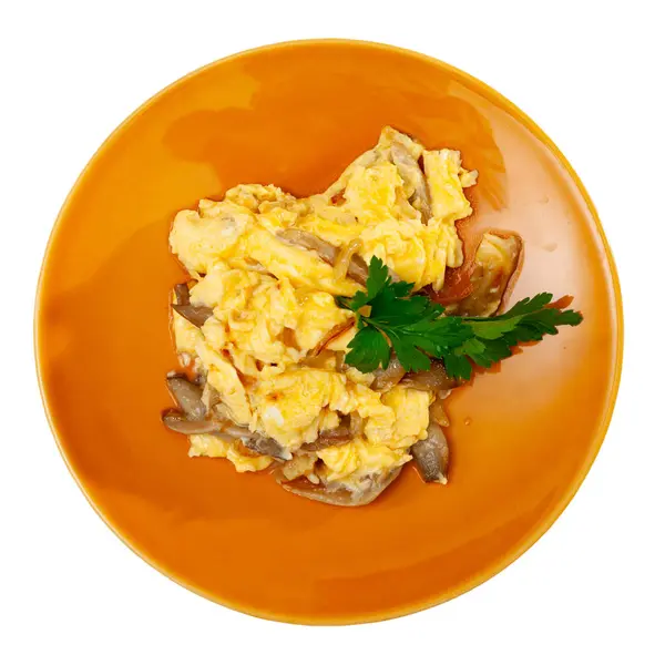 Wok Fried Garlic Mushrooms Scrambled Eggs Fresh Cream Isolated White — Stock Photo, Image
