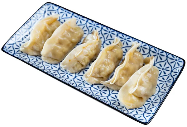 Bordet Halmmatta Plattan Med Del Kokta Gyoza Dumplings Traditionell Orientalisk — Stockfoto