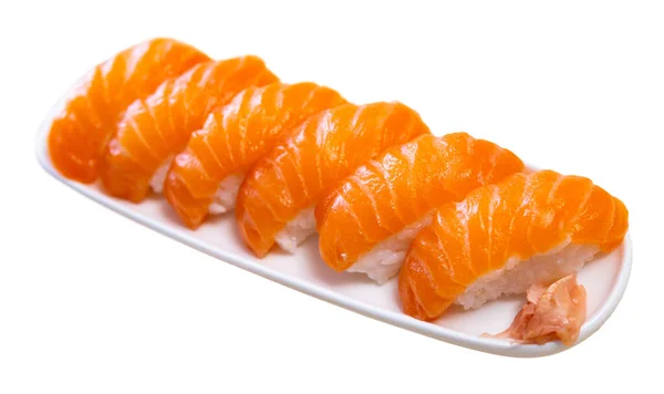 Piatto Tradizionale Giapponese Nigiri Sushi Con Slises Salmone Fresco Fila — Foto Stock