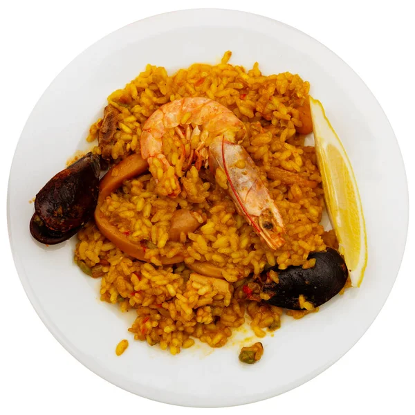 Delicious Valencian Seafood Paella Savory Rice Dish Shrimps Clams Chicken — Stock Photo, Image