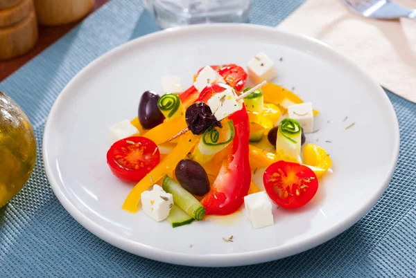 Plate Tasty Greek Salad Fresh Cucumbers Tomatoes Bell Pepper Feta — Stock Photo, Image