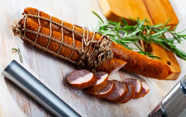 Appetizing Lightly Smoked Pork Ham Sausage Netting Wooden Surface Traditional — Stock Photo, Image