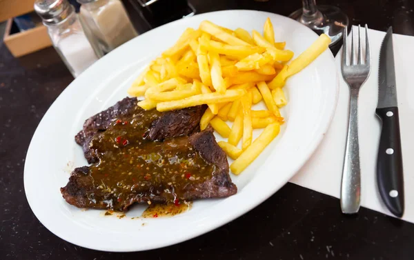 Roasted Beef Steak Side Dish Crispy Fries Argentinian Chimichurri Sauce — Stock Photo, Image
