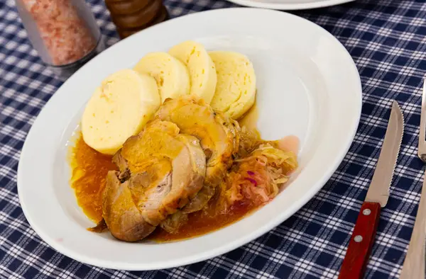 Plate Bread Knodels Pork Traditional Czech Cuisine — Stockfoto
