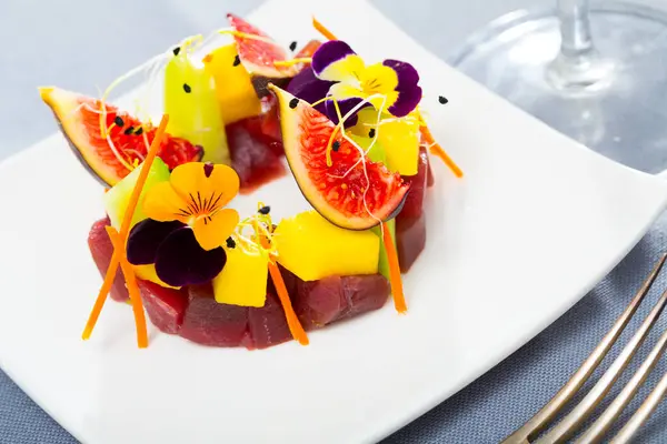 Tasty Tartar Fresh Tuna Figs Mango Cucumber Served Plate — Stock Photo, Image