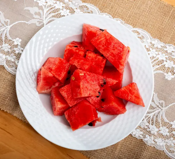 Ripe Red Watermelon Slices Plate Wooden Table Covered Burlap Cut — Stock Photo, Image