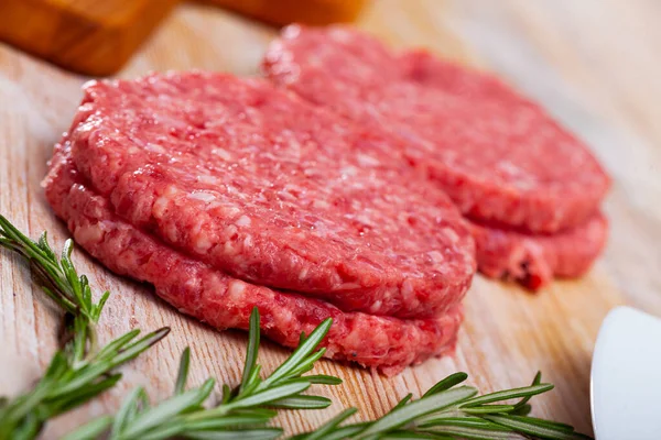 Cooking Ingredients Raw Burger Cutlets Wooden Table — Stock Photo, Image