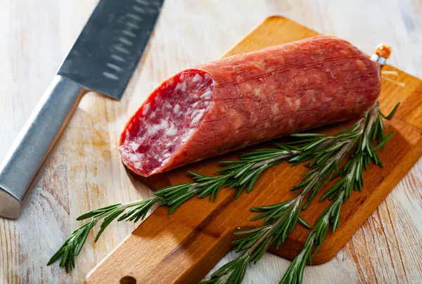 Thin Salchichon Sausage Slices Wooden Background View — Stock Photo, Image