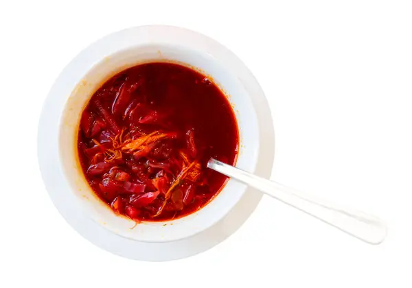 Beyaz Kasede Servis Edilen Tavuk Suyuyla Kırmızı Pancar Çorbası Çorbası — Stok fotoğraf