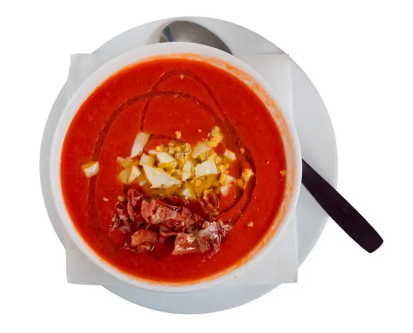 Cordoban Salmorejo Met Ham Eierschaafsel Een Traditionele Spaanse Koude Tomatensoep — Stockfoto