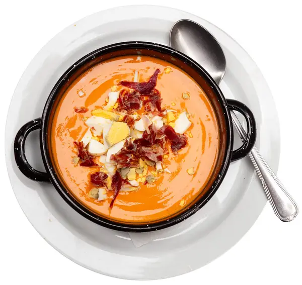 Köstliche Salmorejo Suppe Aus Cordoba Mit Schinken Und Eiern Wird — Stockfoto