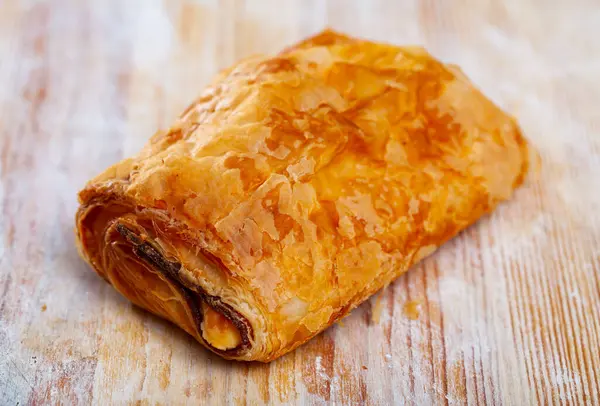 Crispy Puff Pastry Napolitana Meat Cheese Filling Wooden Surface — Stock Photo, Image
