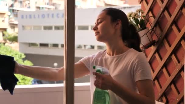 Jovem Mulher Limpando Janelas Usando Esponja Spray Limpeza — Vídeo de Stock