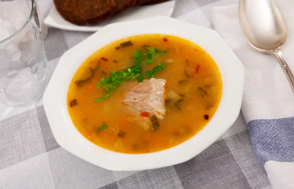 Portion Fresh Russian Soup Rassolnik Served Plate Eatery — Stok fotoğraf