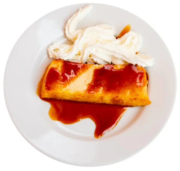 Appetizing Dessert Pan Calatrava Served Plate Cream Topping Isolated White — Stock Photo, Image
