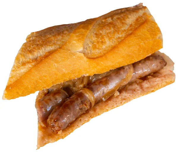 Fast Food Restaurant Appetizer Fresh Baguette Juicy Pork Sausages Fried — Stock Photo, Image