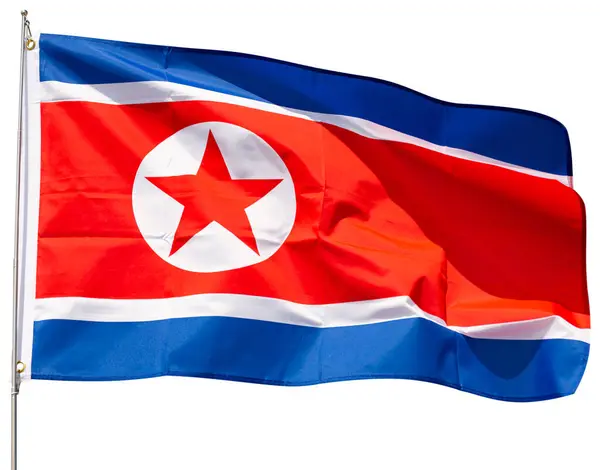 朝鲜国旗在旗杆上飘扬 在白色背景下被隔离 — 图库照片