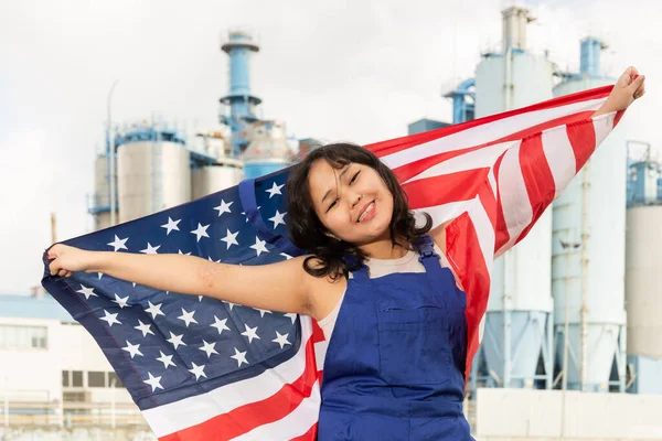 Positive Girl Overalls Flag Her Hands Background Chimneys Modern Factory — Stock Photo, Image