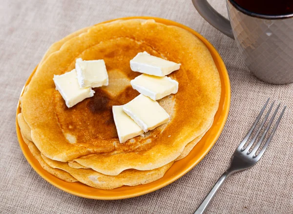 Plate Several Rolled Delicate Pancakes Ruddy Edge Bars Cream Brie — Stock Photo, Image