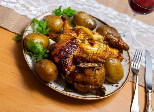 Patatesle Servis Edilen Iştah Açıcı Kızarmış Tavuk — Stok fotoğraf