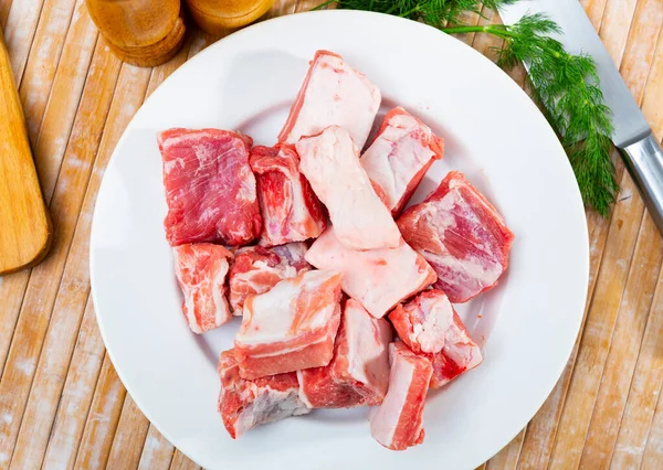 Fresh Pork Ribs White Ceramic Plate Table Close — Stockfoto