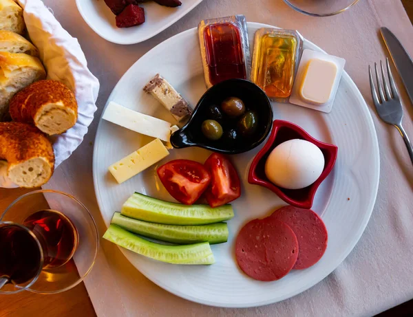 Rich and delicious Turkish breakfast on hotel table without people. Halal breakfast