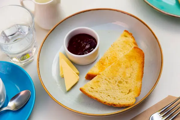 Golden Toasts Jam Cheese Table Delicious Breakfast — Stock Photo, Image