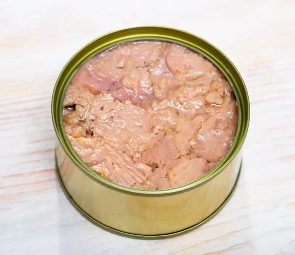 Canned Tuna Fish Wooden Table High Quality Photo — Stock Photo, Image