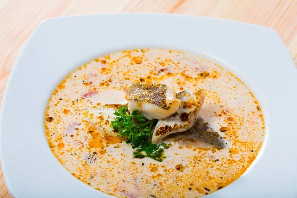 Traditional Norwegian Dish Codfish Soup Vegetables — Stock Photo, Image