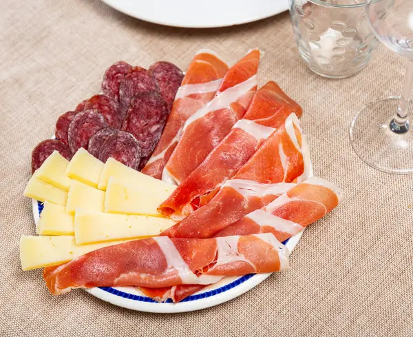 Service Plate Containing Sliced Botifarra Ham Cheese Necessary Table Laying — Stock Photo, Image