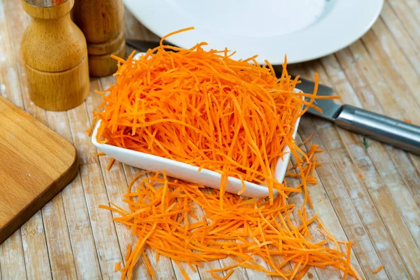 Pile Fresh Shredded Carrot Top Table Dish Ingredient — Fotografia de Stock