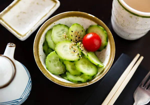 Sliced Fresh Cucumbers Served Sesame Tomato Bowl — Stock Photo, Image