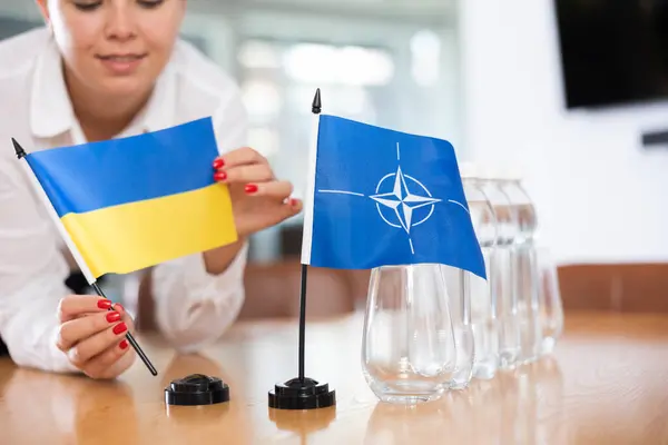 Businesswoman Arranging Flags Nato Ukrain Presentation Negotiations — Stock Photo, Image