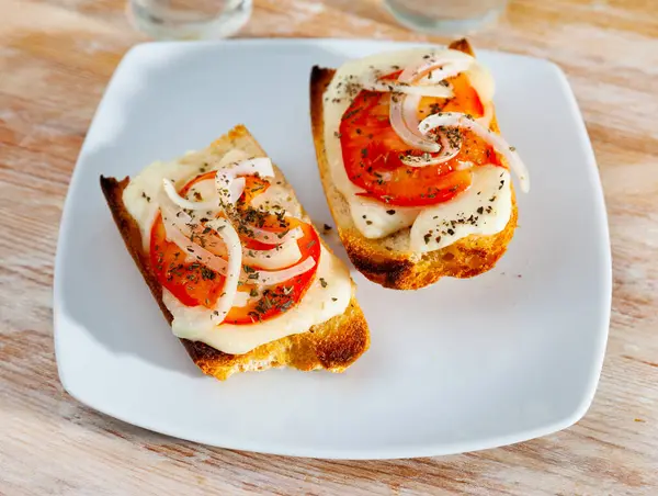 Bruschetta Cheese Slice Onion Tomato Spices — Stock Photo, Image