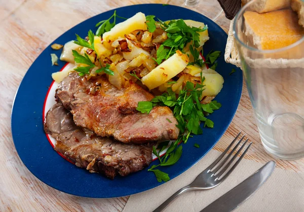 Grilled Pork Chop Steak Plate Served Boiled Potatoes — Stock Photo, Image