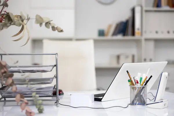 Modern Workplace Laptop Telephone Stylish Organizers Stationery Light Empty Office — Stock Photo, Image
