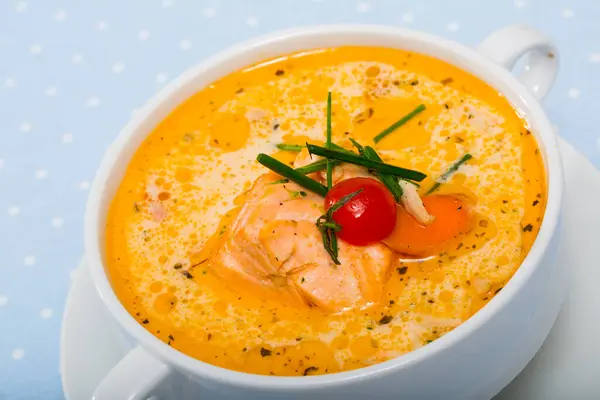 Norwegian Cuisine Cream Soup Salmon Served White Soup Bowl Tomato — Stock Photo, Image