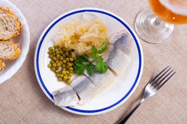 Service Plate Containing Light Salted Herring Marinated Cabbage Green Peas — Stock Photo, Image