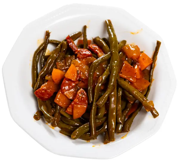 Hearty Spicy Spanish Dish Green Beans Carrots Chorizo Isolated White — Stock Photo, Image