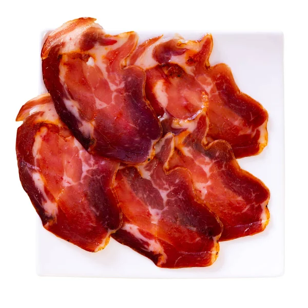 Sliced Spanish Dry Cured Pork Neck Plate Traditional Meat Delicacies — Stock Photo, Image
