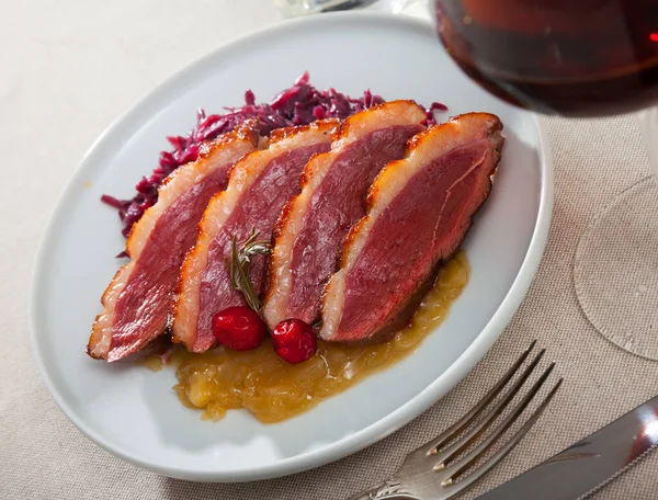 Plate Appetizing Roasted Duck Breast Magret Stewed Cabbage Rosemary — Stock Photo, Image