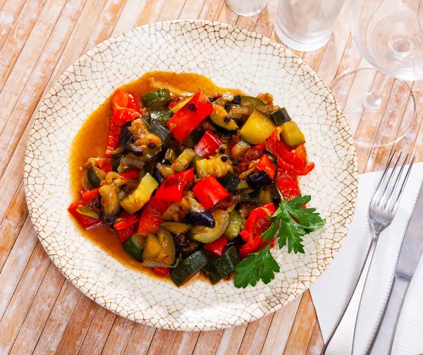Stew Peppers Zucchini Zucchini Plate Traditional Hungarian Dish Called Lecho — Stock Photo, Image