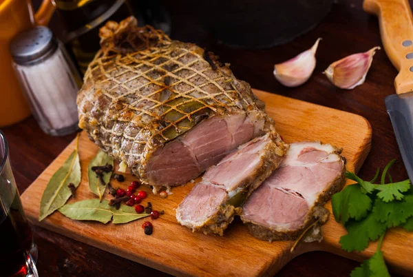 Cured Pork Meat Sliced Wooden Board Meat Product Table High — Stock Photo, Image