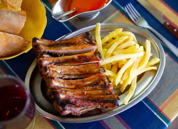 Plate Delicious Galician Meat Dish Grilled Pork Ribs French Fries — Stockfoto