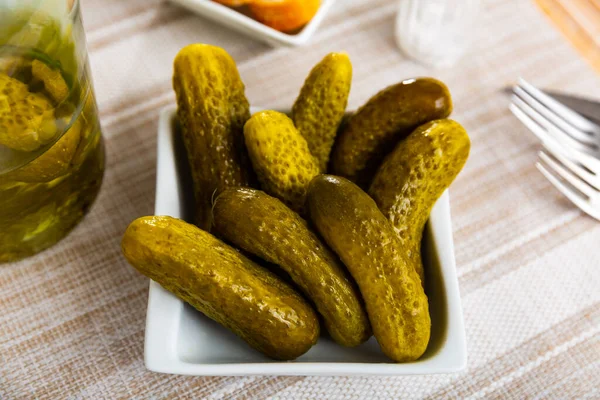 Pile Pickled Cucumber Plate Homemade Preserves — Stock Photo, Image