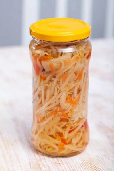 Glass Jar Exotic Pickled Chinese Style Vegetable Salad Cabbage Bean — ストック写真