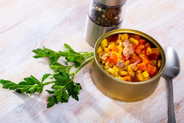 Milanese Tuna Salad Corn Boiled Carrot Tin Can Nobody — Stock Photo, Image