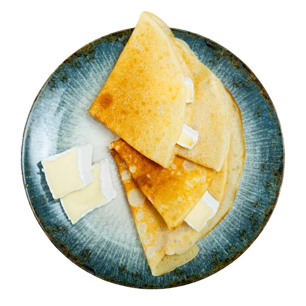 Deliciosos Panqueques Deliciosos Con Primer Plano Queso Brie Aislado Sobre — Foto de Stock